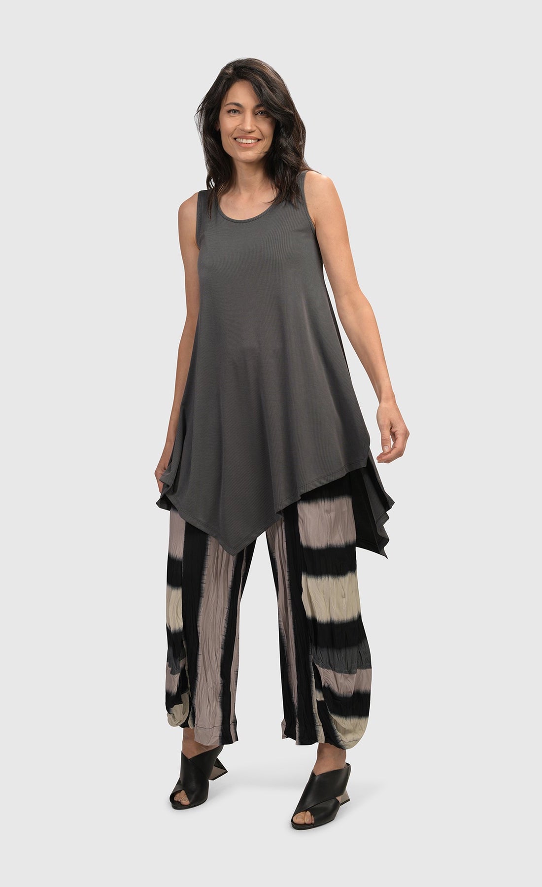Front full body view of the alembika Essential Joy Sleeveless Tunic in grey