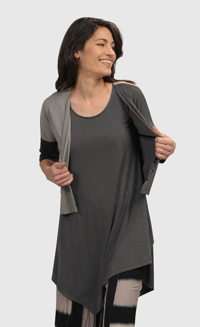 Front top half view of the alembika Essential Joy Sleeveless Tunic in grey