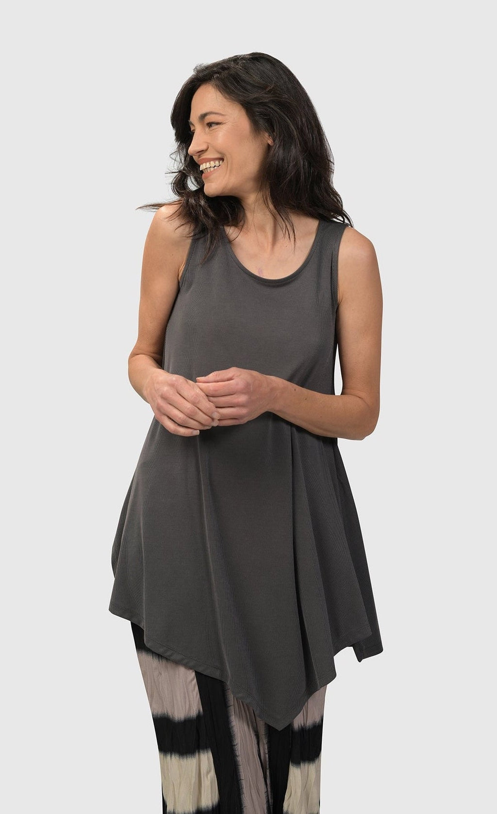 Front top half view of the alembika Essential Joy Sleeveless Tunic in grey