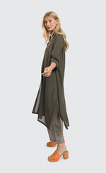Load image into Gallery viewer, Left side full body view of a woman wearing the Alembika Big Island Chain Chiffon Tunic
