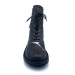 Load image into Gallery viewer, Front view of the trippen kintsugi ankle boot. This boot is in the color shark with cracked silver seams on the front. It is flat with a lace up front.

