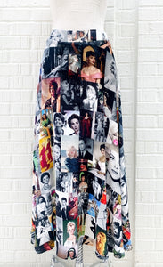 Front view of the long unbreakable evolution gio skirt in the black and white print with hints of colors. This print features different images of stars from the 50s and 60s. 