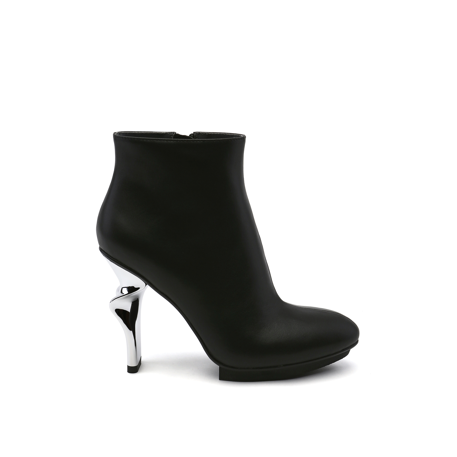 outer side view of the united nude twirl bootie. This bootie is black with a metallic spiraling high heel.