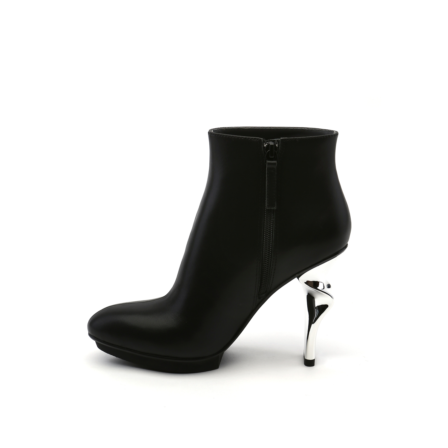 inner side view of the united nude twirl bootie. This bootie is black with a metallic spiraling high heel and an inner zipper.
