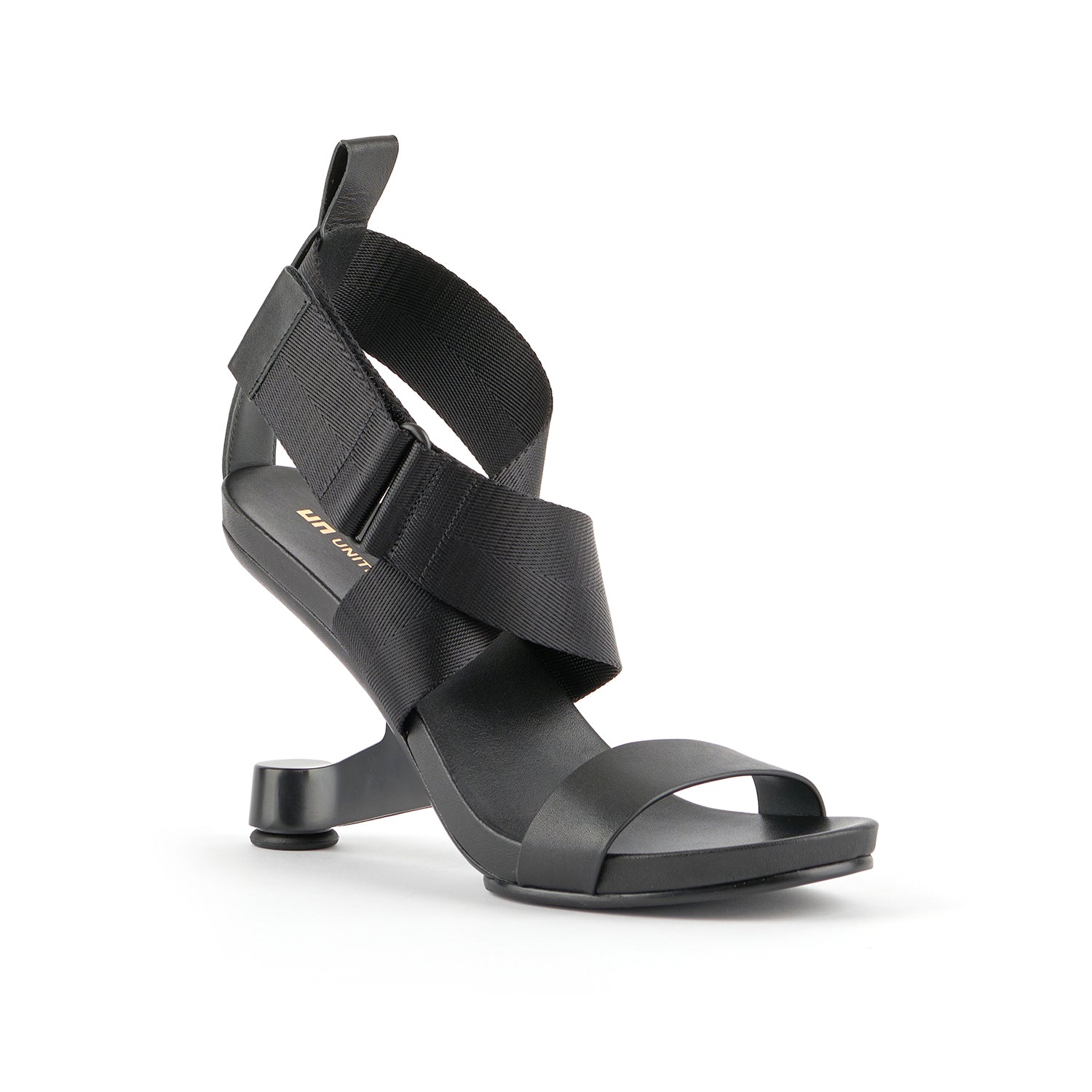 outer front side view of the united nude eamz IX Black high heeled sandal.
