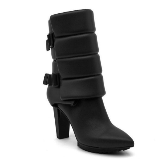 Front, right sided view of the black united nude lev puffer bootie. This boot has padding around the calf with side buckles and a pointed toe bed.