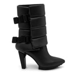 Load image into Gallery viewer, Right side view of the black united nude lev puffer bootie. This boot has padding around the calf with side buckles and a pointed toe bed.
