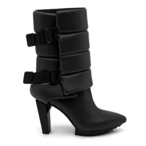 Right side view of the black united nude lev puffer bootie. This boot has padding around the calf with side buckles and a pointed toe bed.