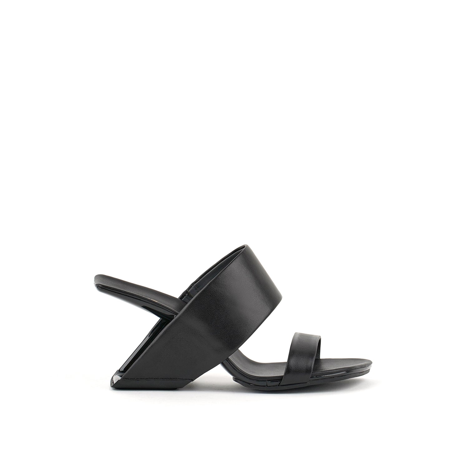 outer side view of the united nude loop hi sandal. This black square toed sandal is high-heeled and showcases a floating-like heel and two bands over the instep.  