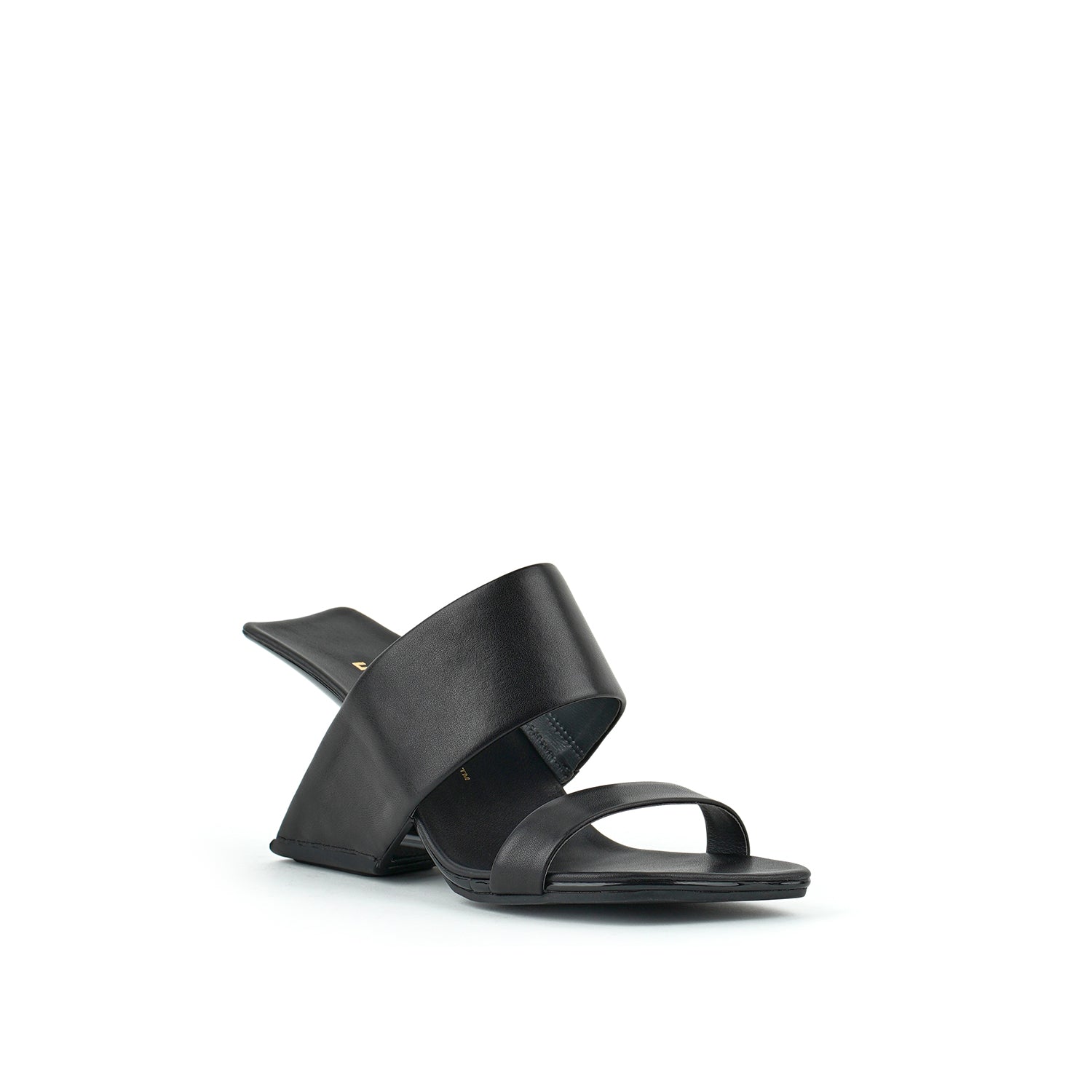 outer front side view of the united nude loop hi sandal. This black square toed sandal is high-heeled and showcases a floating-like heel and two bands over the instep.  