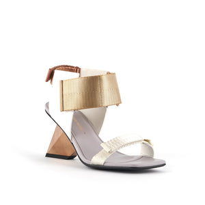 outer front side view of the united nude rockit run high heel sandal in the color bohemian.