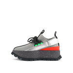 Load image into Gallery viewer, Inner side view of the united nude roko space sneaker. This sneaker is grey with a platform sole. The upper is a mesh-like fabric. The shoes has a back strap and a lace up front.
