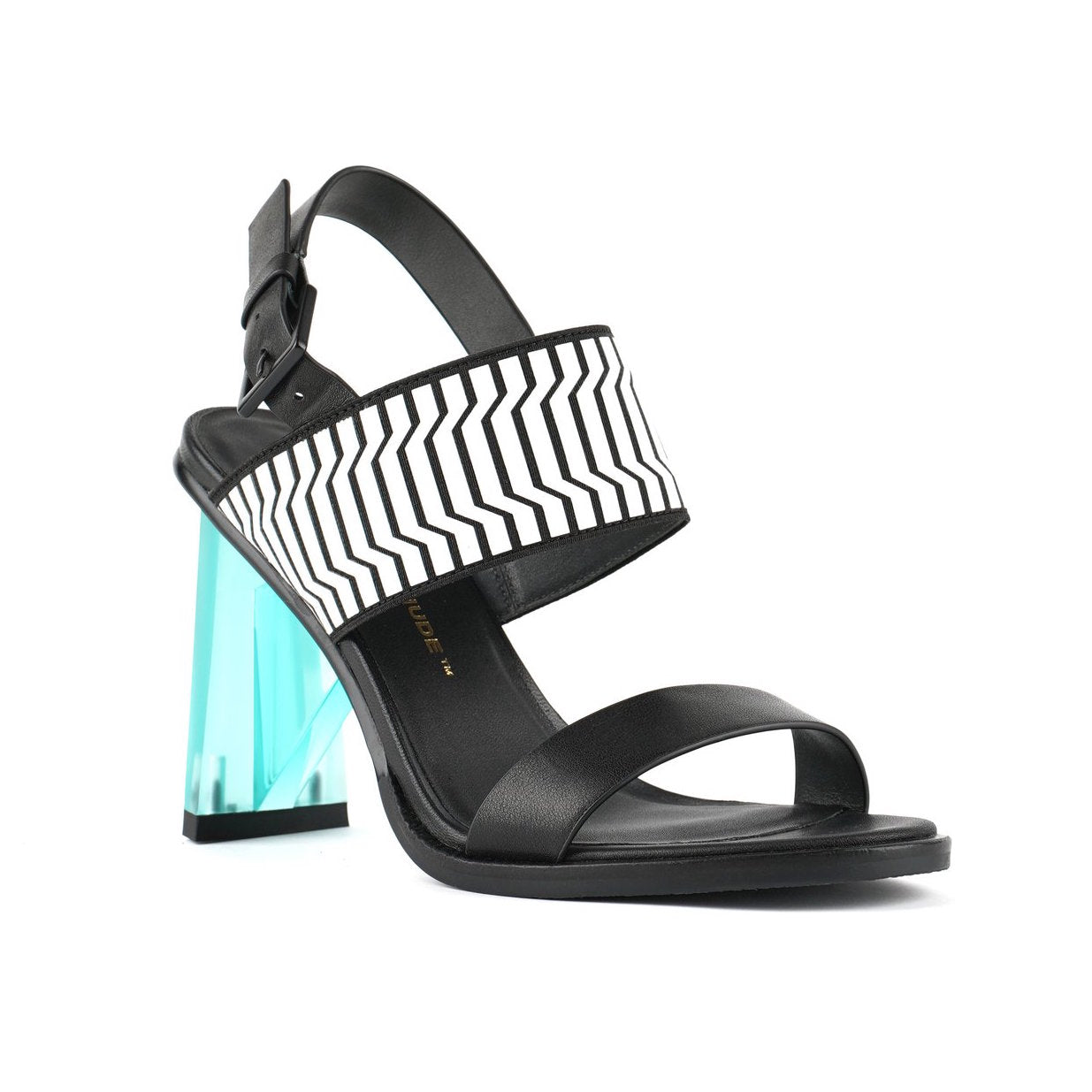 Outer front view of the united nude spark sandal hi II. This high heel has a strap over the instep and a strap over the toes. This shoe is black with a blue heel and it has an adjustable buckle strap behind the heel.