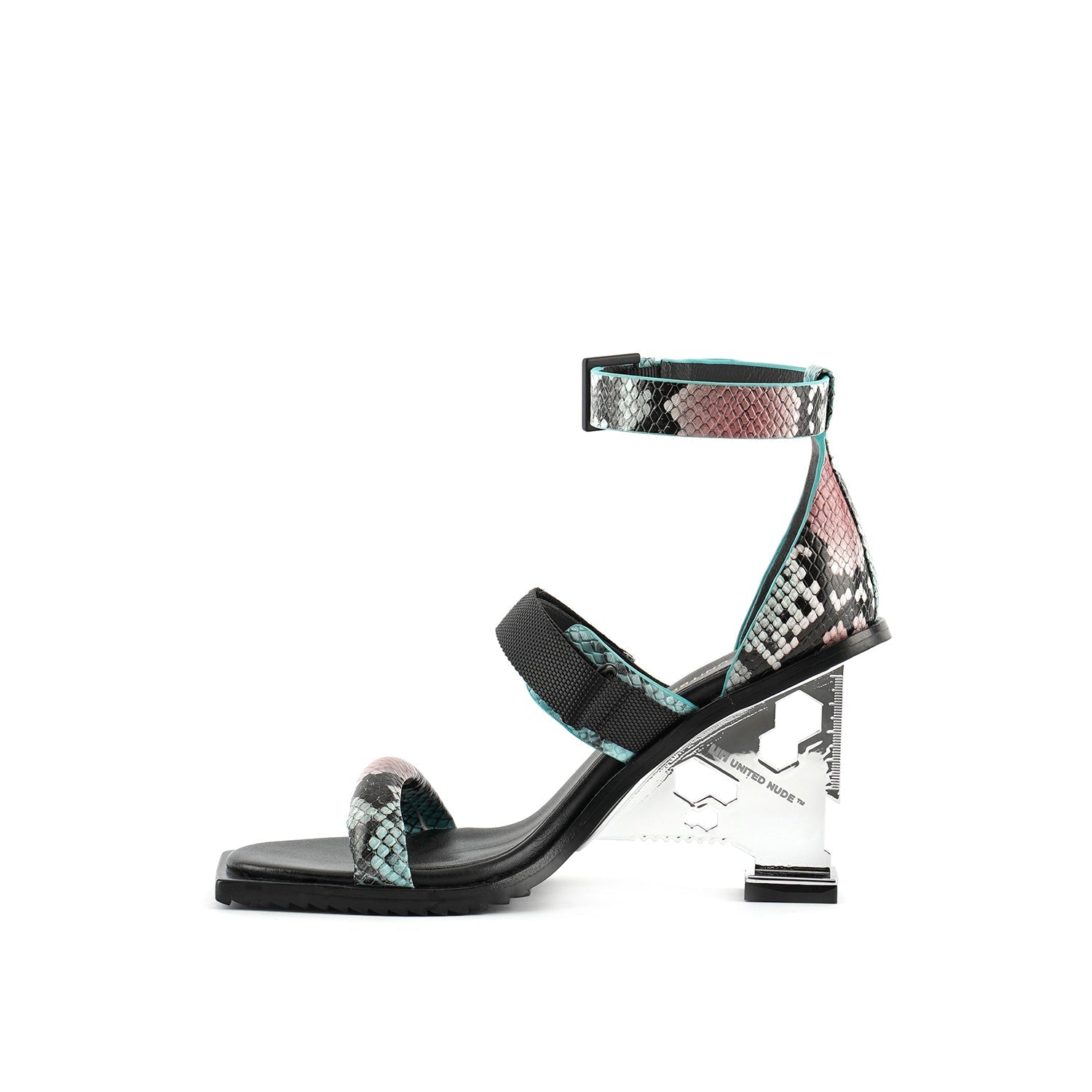 Inner side view of the united nude tool sandal in a coral and blue snake print. This high heel sandal has a tool-like heel and three straps - one over the toes, one over the instep, and one around the ankle.