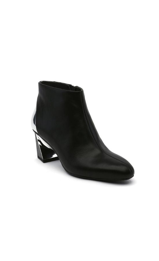Outer front side view of the black united nude twist flow bootie. This bootie has an almond toe and a silver stripe that runs from the back of the heel to the outer side of the heel