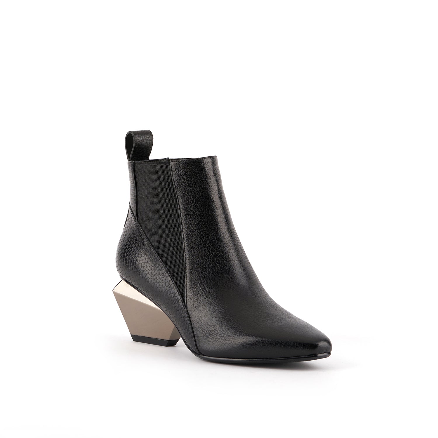 Outer  front side view of the united nude black jacky k bootie. This bootie is black with a chrome/brown metallic geometric heel. The boot has a pointed toe and and elastic gore on both sides of the shoe.