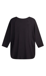 Load image into Gallery viewer, Back view of the alembika ribbed jersey top. This top has elbow length dolman sleeves, a rounded hem, and a round neck.
