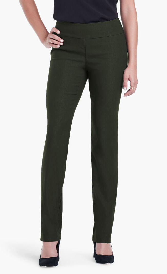 Image of bottom half of a woman wearing long dark olive green pants from Nic and Zoe